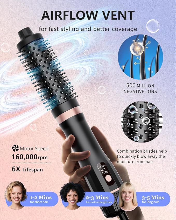 Hot Air Brush, Updated Version Thermal Brush & Hair Dryer Brush One Step Volumizer, High-Speed 1.5 Inch Negative Ion Blowout Express Thermal Round Brush Salon-Quality Blowouts, Hair Shinier & Smoother