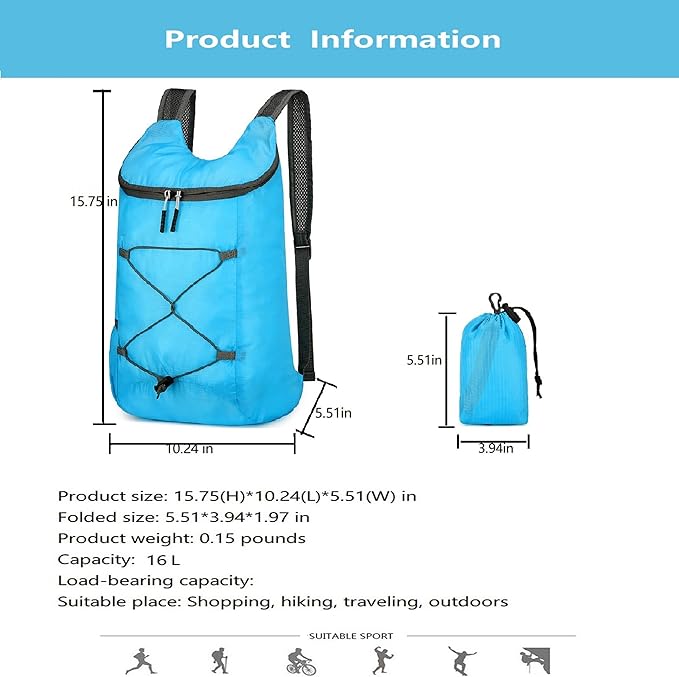 16L Hiking Daypack Lightweight Foldable Travel Backpack Water Repellent Camping - Image 9