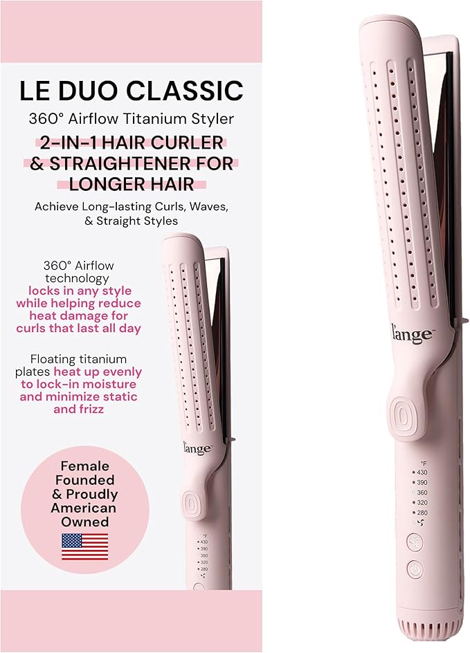 L'ANGE HAIR Le Duo Grande 360° Airflow 2 in 1 Straightener and Curler | 1 Inch Curling Wand & Titanium Flat Iron with 5.3" Plates | Hair Straightener & Curler for Long Hair (Blush)