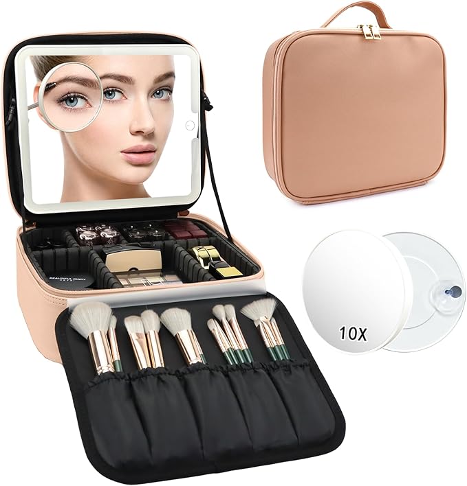Travel Makeup Bag with LED Mirror and 10x magnifying glass with 3 Lighted - Image 9