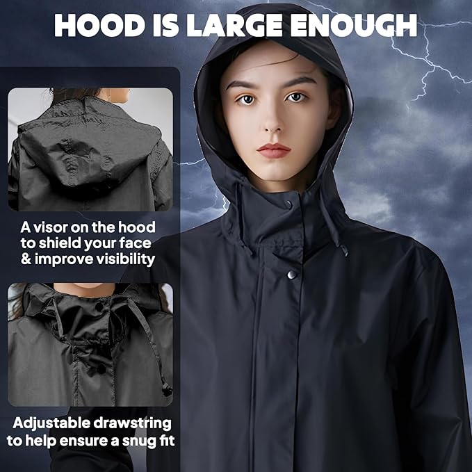 ANYOO Waterproof Rain Poncho Lightweight Reusable Hiking Hooded Coat Jacket - Image 4