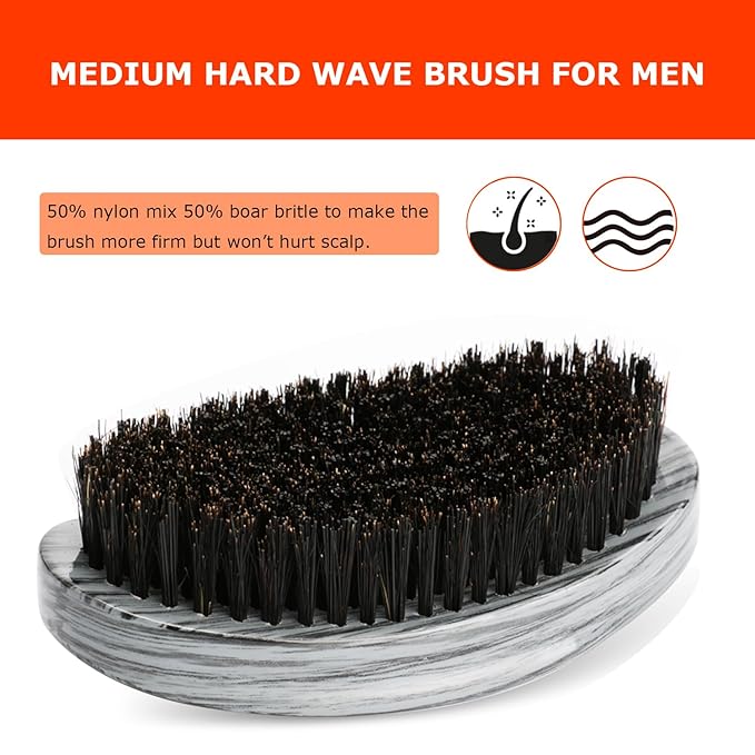 Curved Wave Brush for Men 360, Medium Hard Palm Hair Brushes with Boar Bristles for Black Hair Wavers to Creating 360 Waves (Grey)