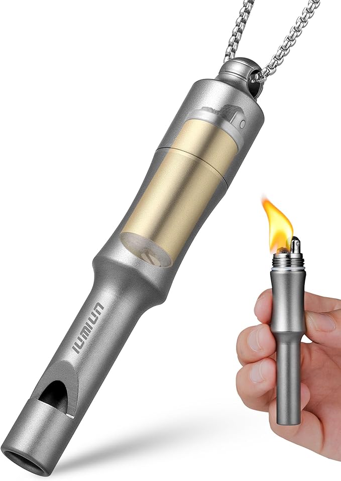 3-in-1 Fire Starter Survival Tool -Titanium Emergency Whistle, Kerosene Lighter by IUMIUN