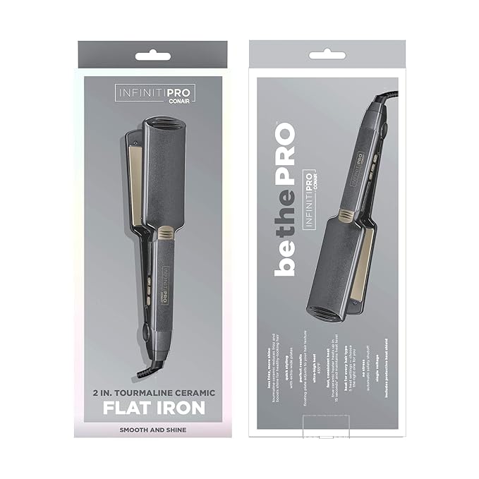 INFINITI PRO CONAIR Tourmaline Ceramic 2-Inch Flat Iron Hair Straightener, 2-Inch Flat Iron to Straighten or Curl, 5 Heat Settings, for All Hair Types and Textures, Metallic Grey