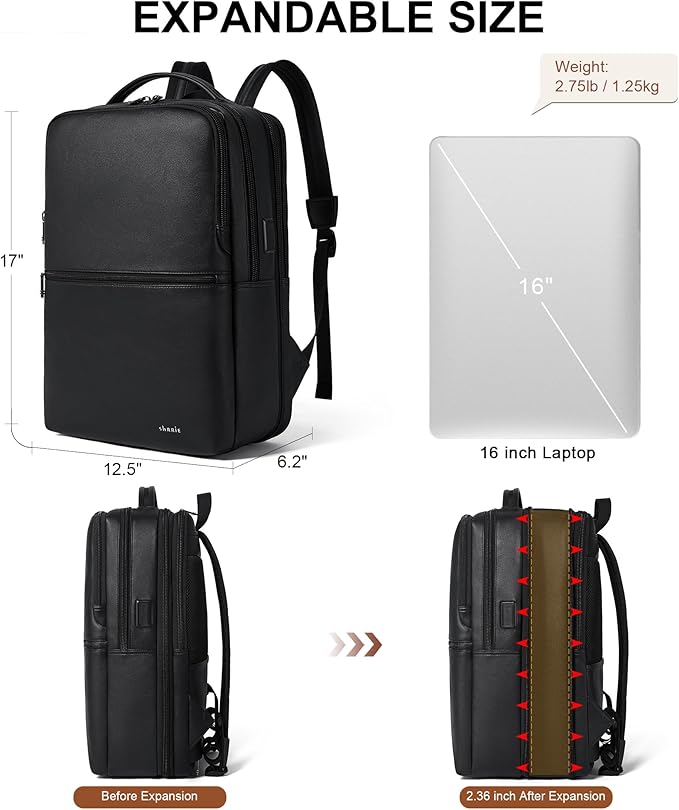 Vegan Leather Laptop Backpack for Women&Men, 16 Inch Expandable Backpack - Image 4