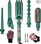 Yinhua Curling Iron Set, 5 in 1 Curling Wand with 4 Interchangeable Ceramic Barrels and 1 Straight Hair Brush, 30S Instant Heat Up, LCD Temp Adjustment, Dual Voltage, Includes Heat Resistant Gloves