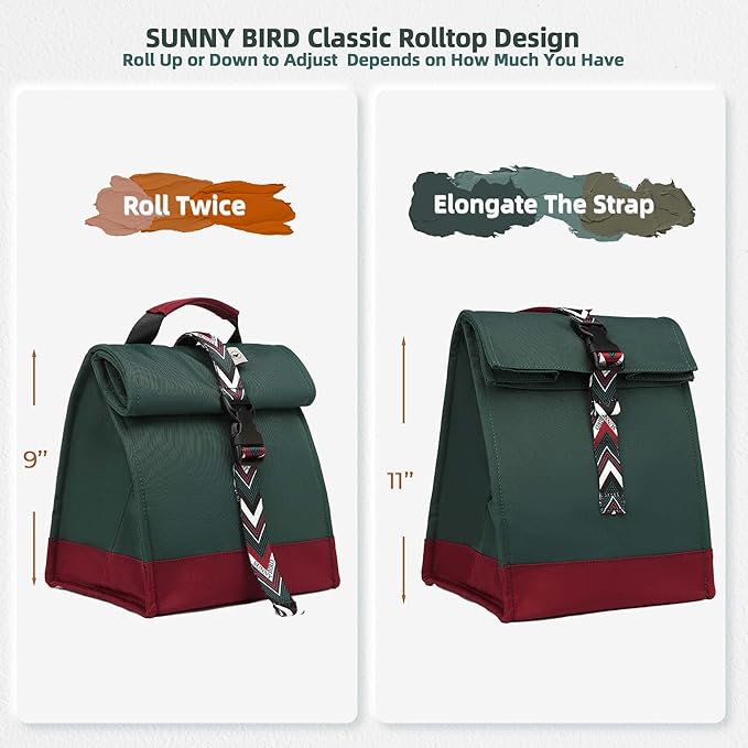 SUNNY BIRD Insulated Lunch Bag Rolltop Lunch Box Tote Bag - Image 3