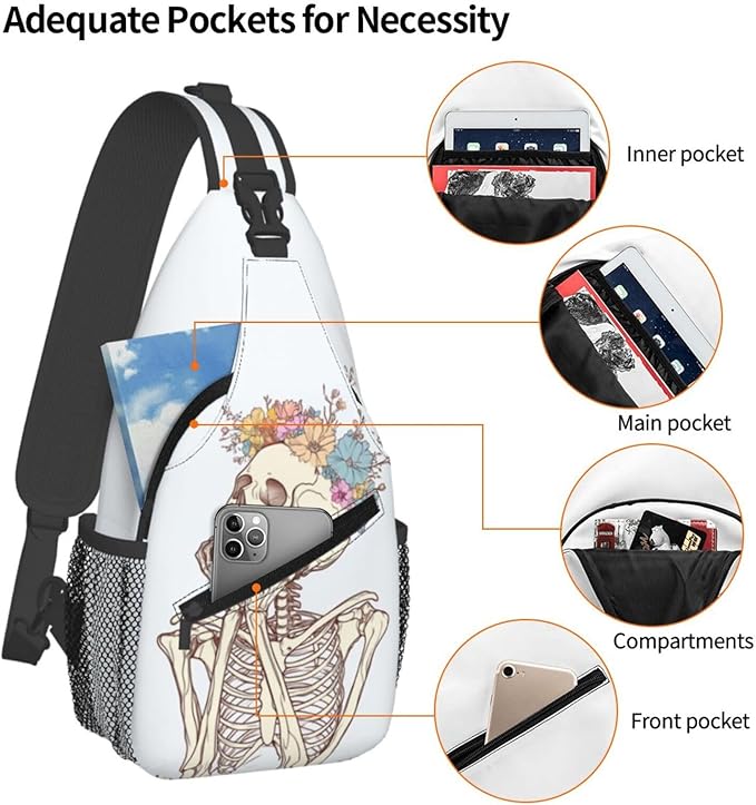 SUPLUCHOM Sling Bag Skeleton Flower Skull Hiking Daypack Crossbody Shoulder - Image 4