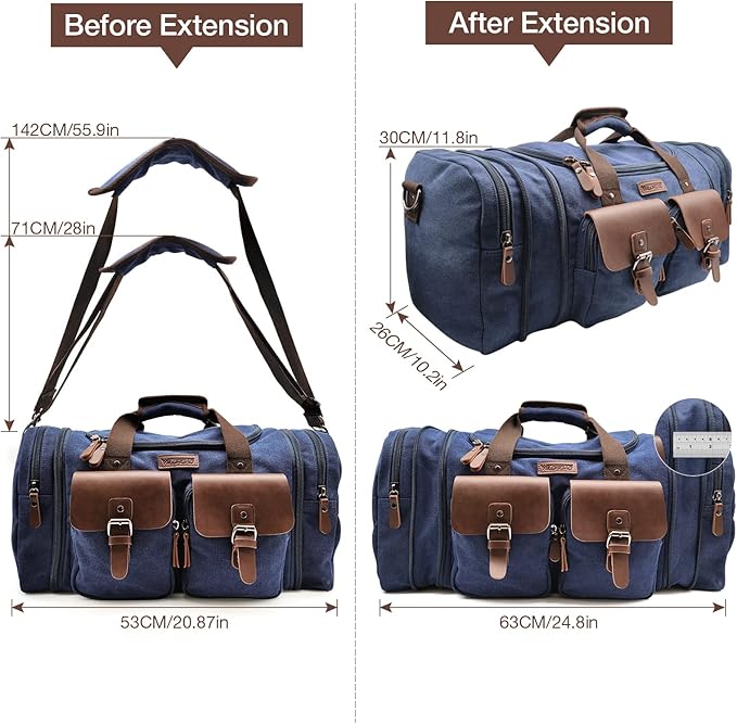 Wildroad 50L Travel Duffel Bag, Expandable Canvas Genuine Leather Duffle Bag - Image 5