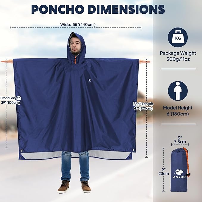 ANYOO Hooded Rain Poncho for Adults Waterproof Lightweight Rain Coat for Men - Image 2