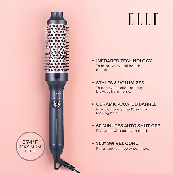 Elle - Infrared Heated Round Brush, Gentle Heat Effortless Volume and Shine (Black)