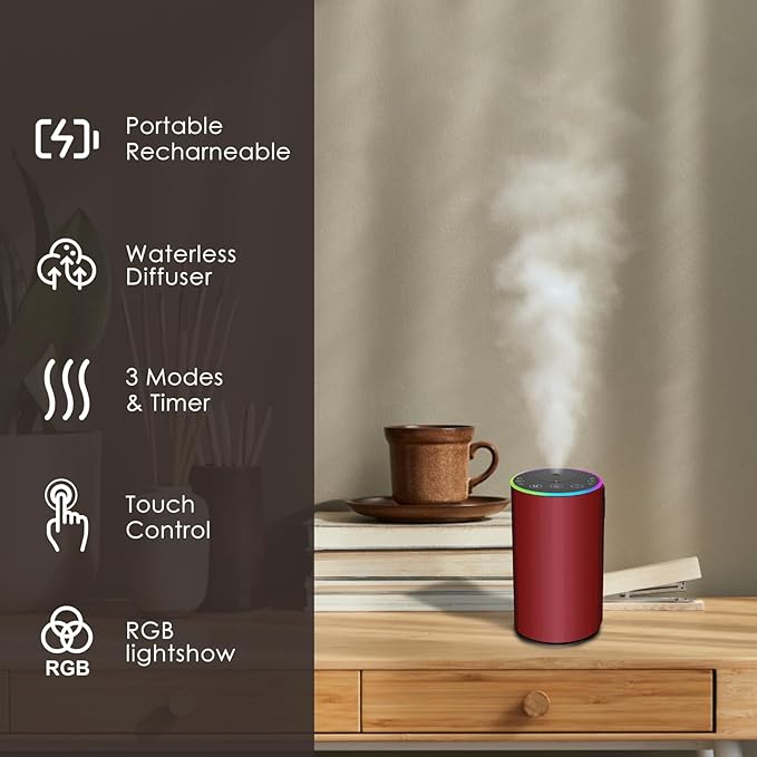 Waterless Essential Oil Diffuser, Battery Powered Mini Scent Air Machine, Aromatherapy Mist Diffuser for Home Room Car Office (red)