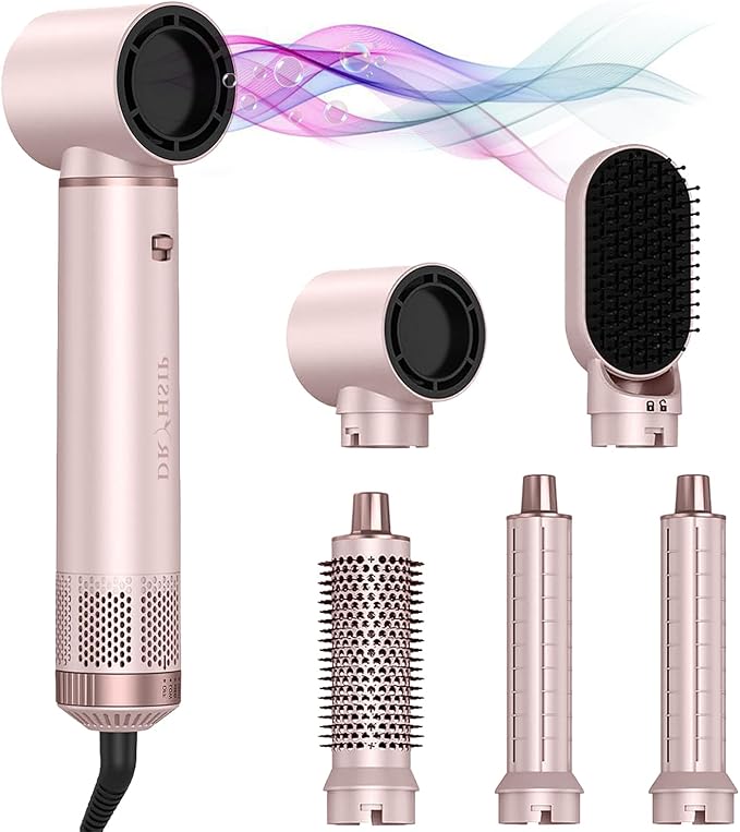 5 in 1 Hair Styler & Hot Air Brush - Air Curling Wrap with Low-Speed Negative Ion Technology, Hair Dryer Brush for Drying, Curling, Straightening & Styling, Hair Styling Tools at Home (Pink)
