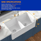 Dcolora Double Bowl Farmhouse Kitchen Sink Reversible Front Apron White - Image 6