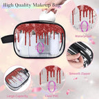 Personalized Travel Cosmetic Bag Waterproof Makeup Bags, Custom Name Clear PVC Organizer Case Toiletries Container Bag, Water Fluid Red Sequins