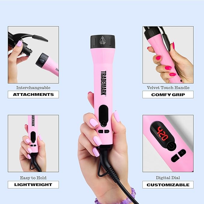 Trademark Beauty Interchangeable Iron Styling Kit - 3 in 1 Curling Iron, Hair Waver, and Curling Wand, Hair Styling Tool, 1 Inch Barrels, Mood - Pink/Black