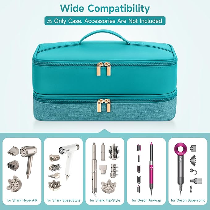 Travel Hair Dryer Case for Shark Flexstyle, Double-Layer Carrying Case for Shark Flex Style Blow Dryer, Portable Hair Tools Storage Organizer Bag for Shark Beauty Hairdryer Attchments (Teal Green)