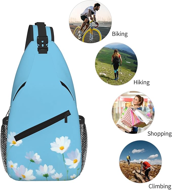 Sling Bag White Flower Blue Summer Hiking Daypack Crossbody Shoulder Backpack - Image 6