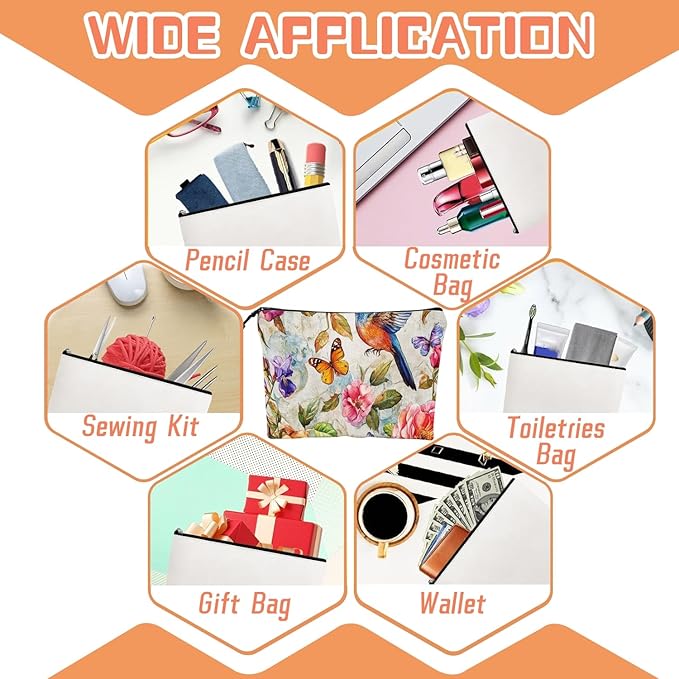 Cosmetic Bags Travel Makeup Toilet Case Waterproof Pouch for Women Girls 6.7X9.45inches - Whimsical Flower - Bird - Butterfly World