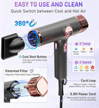 FMZ Professional Hair Blow Dryer with Diffuser, 1875W High Speed Brushless Motor for Fast Drying, Smart Display, Portable Small Light weight Low Noise, Curly Ionic Blowdryer for Women Men Salon Travel