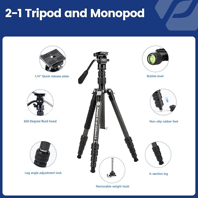 Fotopro 59" Carbon Fiber Travel Tripod, Compact Video Tripods - Image 7