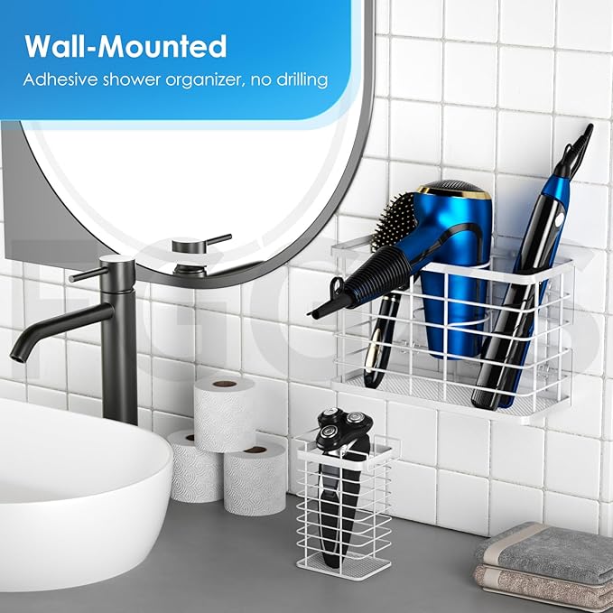 Hair Tool Organizer, Dryer Holder, 3 in 1 Blow Bathroom Organizer Wall Mounted/Cabinet Door for Flat Iron, Curling Straightener, Care & Styling Tools Storage Basket (White)