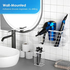 Hair Tool Organizer, Dryer Holder, 3 in 1 Blow Bathroom Organizer Wall Mounted/Cabinet Door for Flat Iron, Curling Straightener, Care & Styling Tools Storage Basket (White)