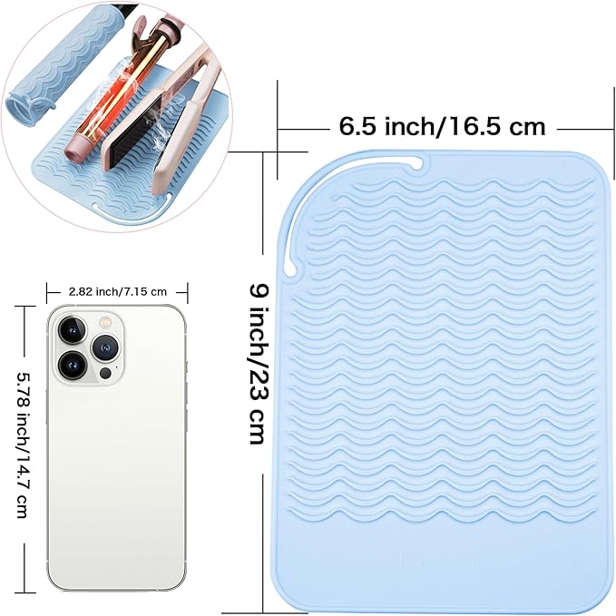 Heysam Professional Heat-Resistant Silicone Heat Mat, Non-Slip Vanity Pad for Flat Iron Hair Straightener and Curling Iron Hair Tools Heating Pad Mat, Suitable for Travel Essentials Case, 9"x6.5"-Blue
