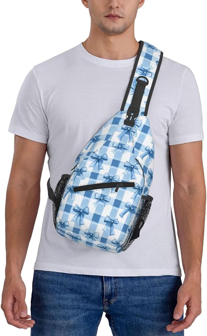 SUPLUCHOM Sling Bag Blue Bows Check Hiking Daypack Crossbody Shoulder Backpack - Image 7