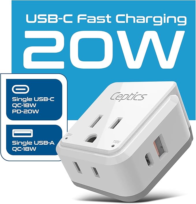 Ceptics UK, Ireland Power Adapter Travel, Safe Dual USB & USB-C 3.1A - Image 2