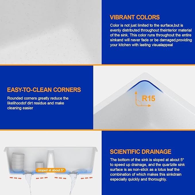 Dcolora 33 Inch Double Bowl Undermount Kitchen Sink White Deep Double Basin - Image 5