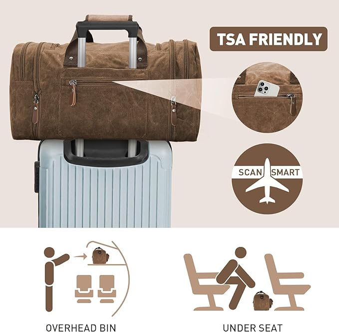 Wildroad Waxed Canvas Duffle Bag - 60L Waterproof Genuine Leather Weekender - Image 7