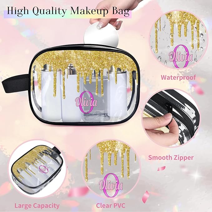 Personalized Clear Makeup Bag with Name, Transparent Travel Cosmetic Bag for Women, Friends, Mother's Day, Bridesmaid, Bride, Wedding, Graduation, Yellow Glitters Water Fluid Shape Sequins