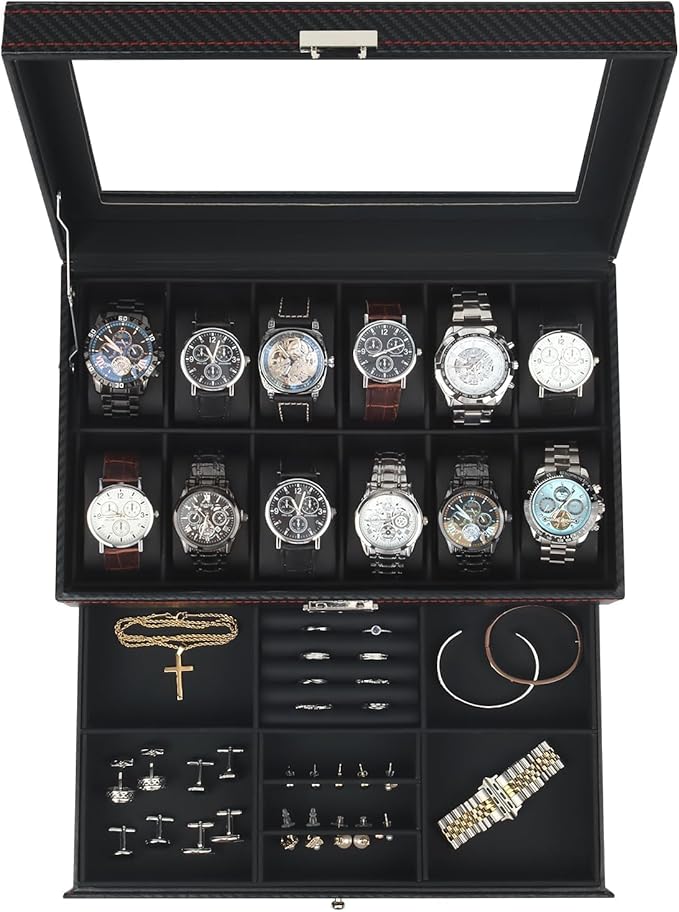 Watch Box Jewelry Organizer, 12-Slot 2-Layer Watch Case Storage by KUKIKAN