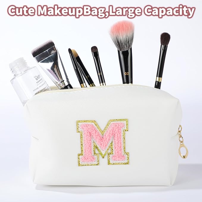 MSQ Personalized Makeup Bag Initial A-Z Patch Bag, PU Leather Cosmetic Bag Pouch Travel Toiletry Bag with Zipper, Gift Ideal for Teen Girls Friend Mom Women Birthday (White M)