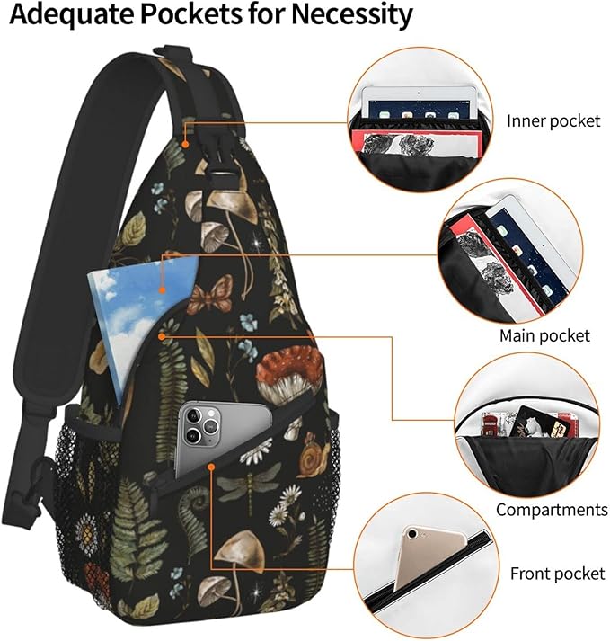 SUPLUCHOM Sling Bag Vintage Mushroom Leaf Forest Hiking Daypack Crossbody - Image 4