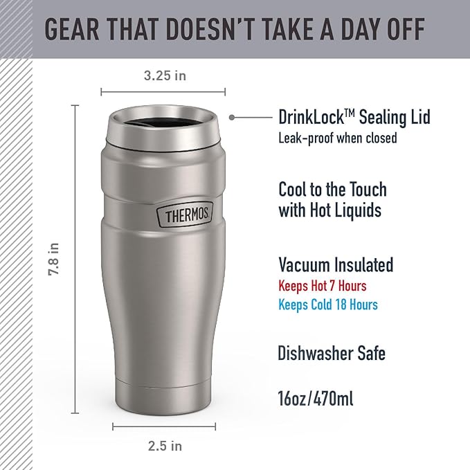THERMOS Stainless King Vacuum-Insulated Travel Tumbler, 16 Ounce, Matte Steel - Image 2
