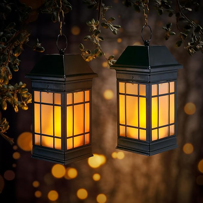 14" Solar Lantern Outdoor Waterproof, Glass Flickering Flame Solar Lanterns - Image 3