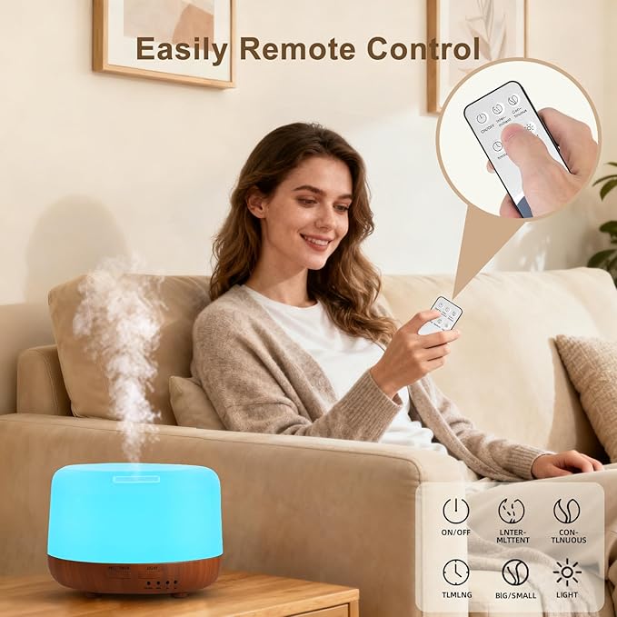 300ML Essential Oil Diffuser for Home, Aromatherapy Diffuser with Remote Control, 7-Color LED Light and 4 Timers, Quiet Auto-Off, Easy to Use for Bedroom Office