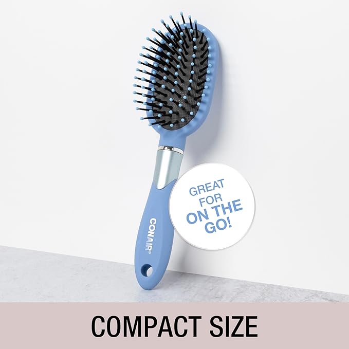 Conair Velvet Touch oval cushion hair brush - Travel Hairbrush- Detangling - ideal for curly or straight styles - detangler brushes - women or men - Sky Blue