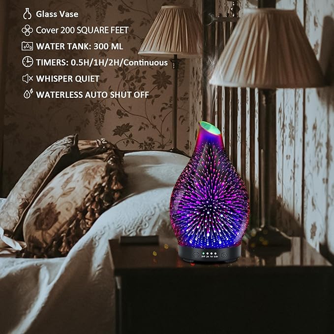 Essential Oil Diffuser 120ML -3D Firework Glass Aromatherapy Diffusers for Essential Oils with 4 Timer Setting Auto Shut-Off Silent Operation 7 Colors Lights Changing for Room, Office, Yoga
