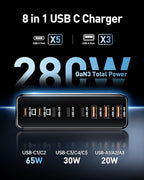 280W USB C Charger Block, 8-Port USB C Charging Station GaN III PD 65W Laptop - Image 2