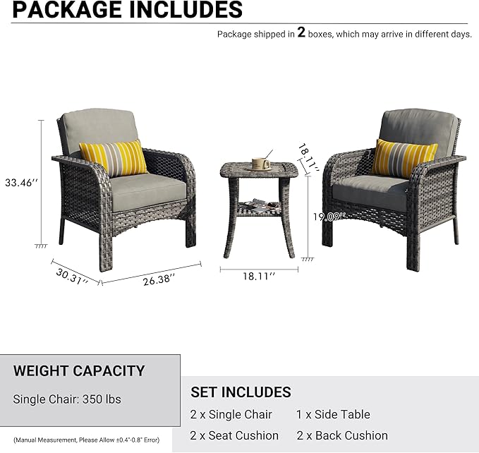 HOOOWOOO Patio Furniture Set, 3 Pieces Outdoor Conversation Set, All Weather - Image 6