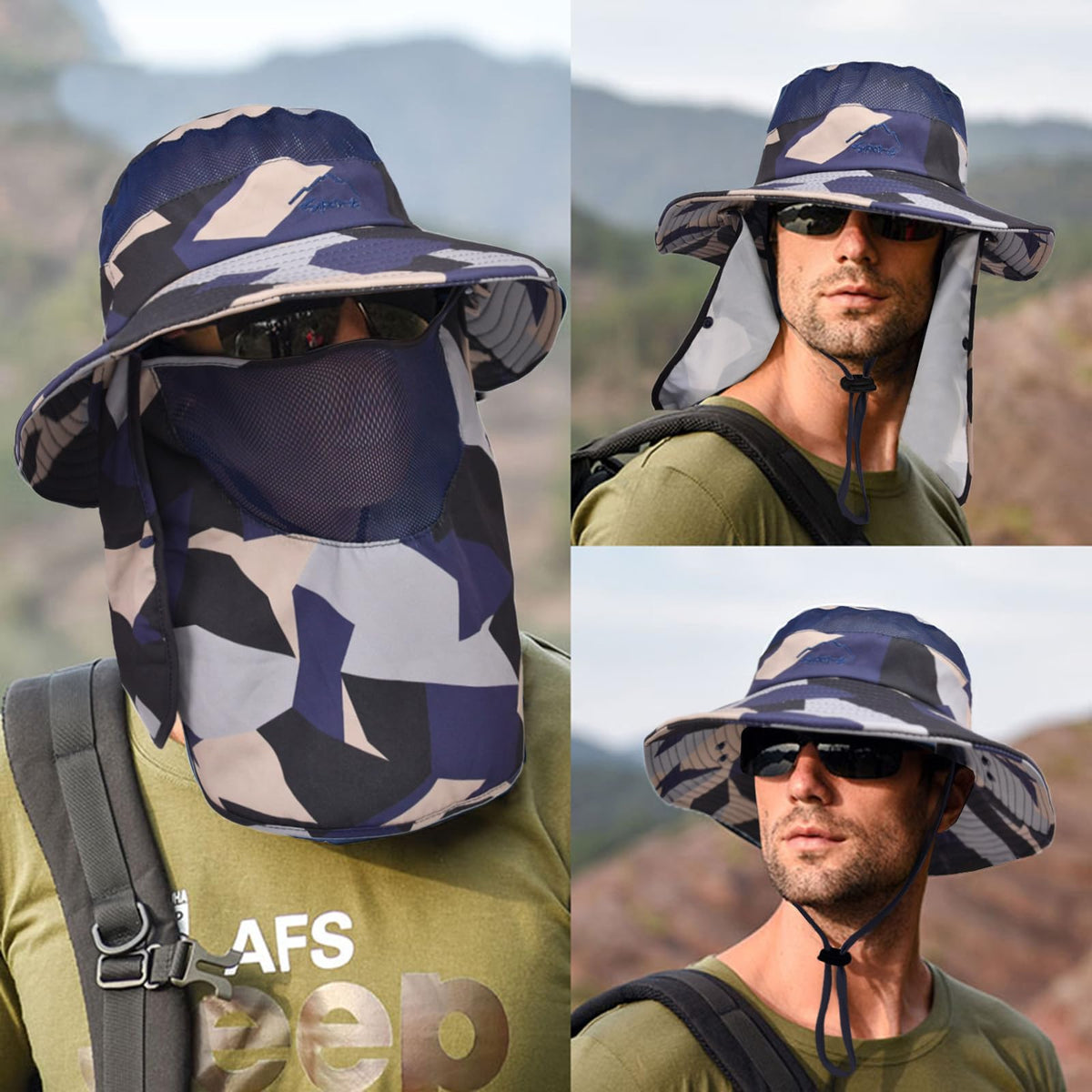 Sun Hats for Men Women Fishing Hat UPF 50+ Breathable Wide Brim Summer UV Protection Hat with Face Cover & Neck Flap (Camo Beige(with Face Cover & Neck Flap ))
