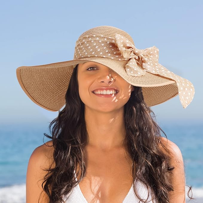 DRESHOW Beach Hats for Women Big Straw Wide Brim Summer Hat Floppy Foldable - Image 3