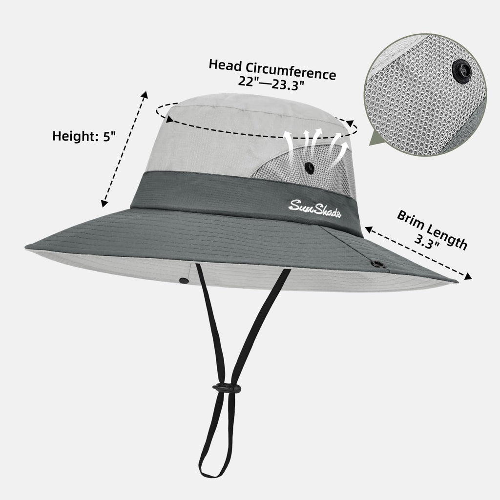 Ponytail Sun Bucket Hats for Women UV Protection Foldable Wide Brim (1 Pack-light Grey)