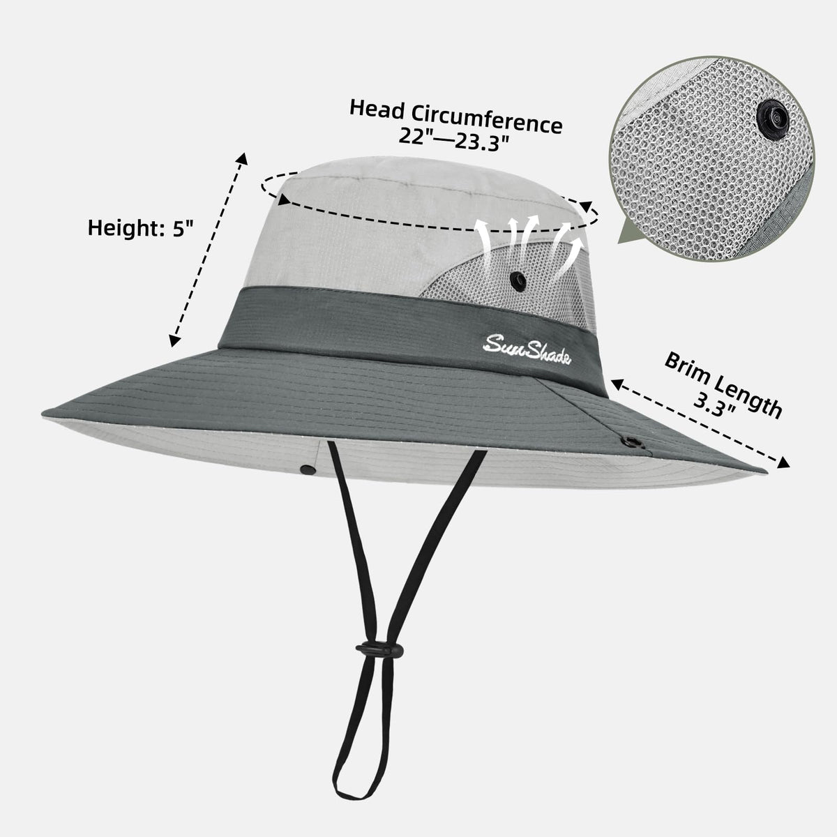 Ponytail Sun Bucket Hats for Women UV Protection Foldable Wide Brim (1 Pack-light Grey)