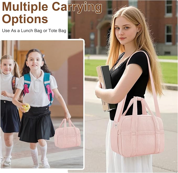 Corduroy Lunch Box Lunch Bag for Women Men, Cute Strawberry Small Insulated - Image 5