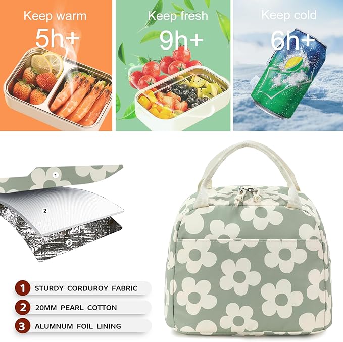 Bluboon Lunch Bag for Women Men Cute Corduroy Lunch Tote Bags Reusable - Image 7