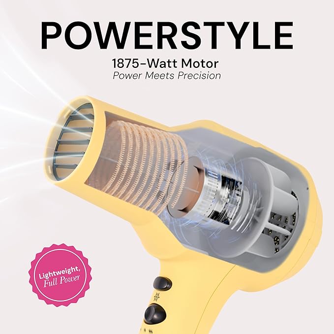 L'ANGE HAIR PowerStyle Turbo Ionic Hair Dryer | 1875 Watt Professional Blow Dryer with Diffuser & Concentrator | Multiple Heat & Speed Settings for Fast Drying | Salon-Grade Styling Tools, Yellow